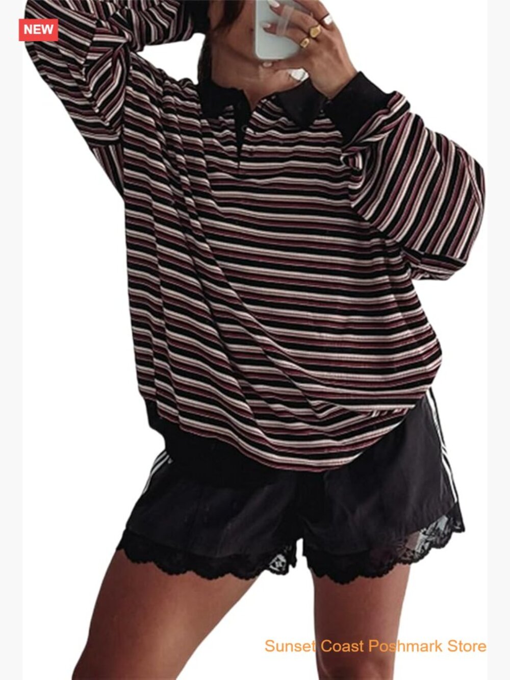 Oversized Striped Rugby Shirt Long Sleeve Button Down V-Neck Sweater